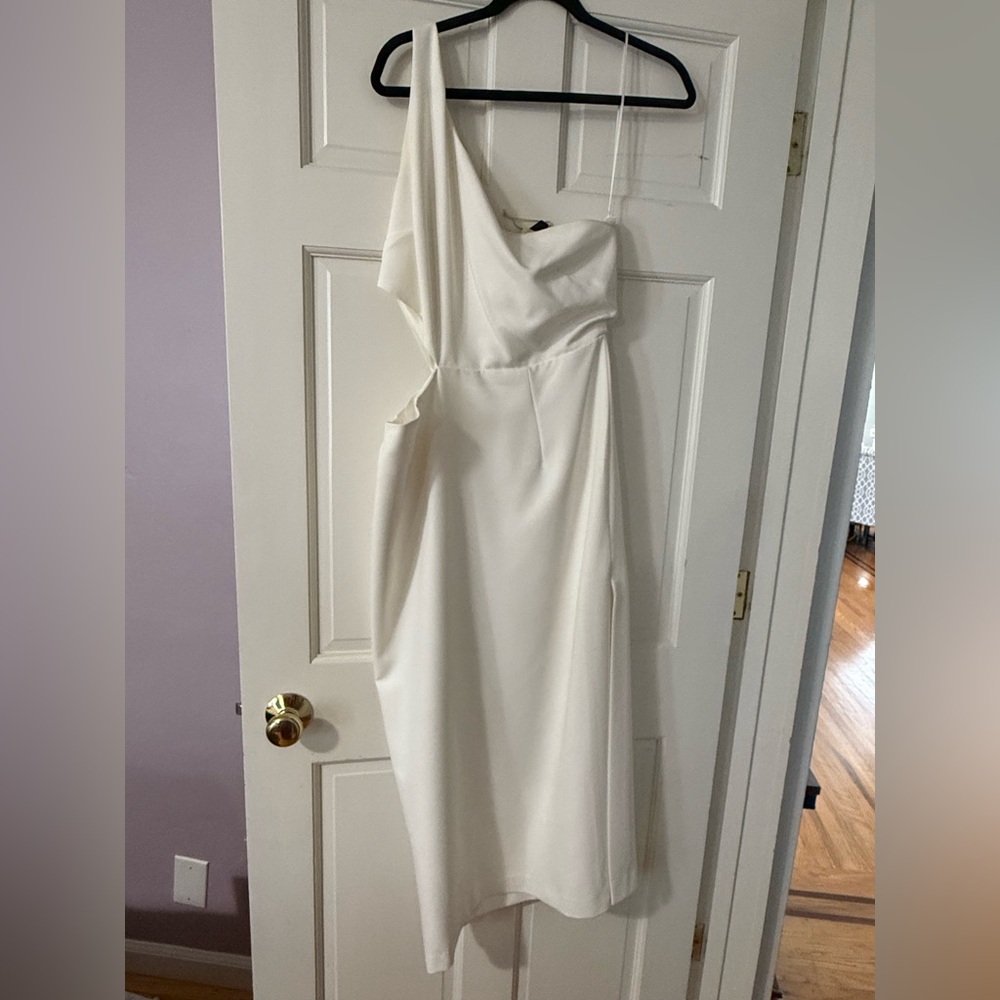 Bardot One-Shoulder White Dress with Cutout and Slit